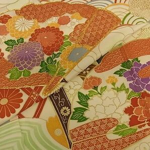 平和屋-こころ店◆豪華振袖 駒刺繍 扇花文 暈し染め 金彩 着丈152.5cm 裄丈65cm 正絹 逸品 mop408の画像5