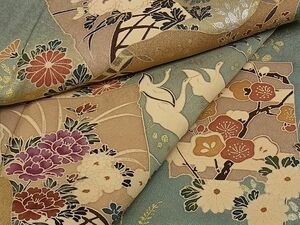 平和屋-こころ店◆訪問着　色紙花鳥文　道長　暈し染め　金銀彩　着丈152cm　裄丈63cm　正絹　逸品　mop705