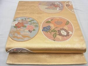 平和屋野田店■六通柄袋帯　唐織　草花丸文　金糸　逸品　n-yc5228