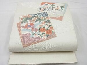 平和屋野田店■太鼓柄袋帯　唐織　綴れ　色紙重ね花鳥文　金銀糸　逸品　n-kg5179