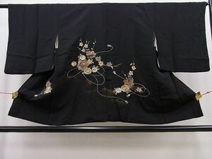 平和屋野田店■羽織　総刺繍　雲取り吉祥花文　黒地　金銀糸　逸品　n-pk4718