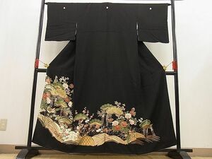 平和屋野田店■豪華黒留袖　駒刺繍　尾長鳥松牡丹花文　金彩　三越扱い　逸品　n-ip2493