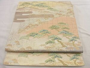 平和屋野田店■六通柄袋帯　唐織　エ霞遠山草花文　金糸　逸品　n-te0745