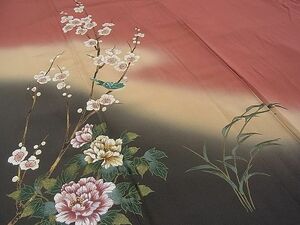 平和屋野田店■訪問着　手描き　梅に鶯　牡丹　暈し染め　金彩　逸品　n-gh5290