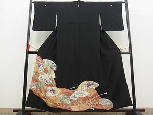 平和屋野田店■豪華黒留袖　駒刺繍　道長扇面吉祥牡丹花文　金彩　逸品　n-fw4952