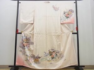 平和屋野田店■訪問着　手描き　渡り橋風景花文　暈し染め　金彩　逸品　n-yc5188