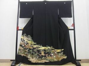 平和屋野田店■豪華黒留袖　御所車平安人物風景文　金彩　逸品　n-yc5182