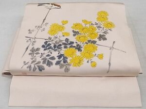 平和屋-こころ店■つけ帯　作家物　手描き　花鳥文　雀　ワンタッチ帯　正絹　逸品　A-sx8907