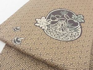 平和屋-こころ店■九寸名古屋帯　刺繍　型染め　成り物　蕪　茄子　人参　ピーマン　正絹　逸品　未使用　B-cy7548