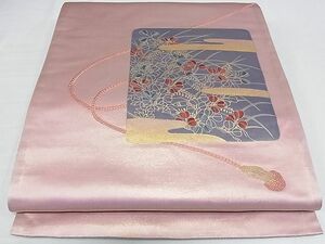 平和屋-こころ店■太鼓柄袋帯　刺繍　霞花文　金彩　正絹　逸品　A-hg1298