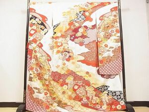 平和屋-こころ店■豪華振袖　駒刺繍　御所車花文　金彩　銀通し地　着丈168cm　裄丈68cm　正絹　逸品　A-ta7870