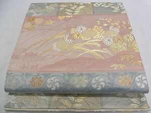 平和屋2■六通柄袋帯　風景草花文　螺鈿箔　金糸　三越扱い　逸品　ud3367