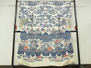 平和屋-こころ店■付下げ　型染め　花蝶文　着丈154cm　裄丈62.5cm　正絹　逸品　B-zg8283