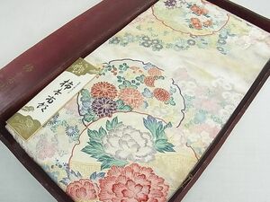 平和屋2■となみ織物袋帯　加賀友禅美の匠　柿本市郎　六通柄袋帯　雪輪草花文　純金箔　銀糸　共箱付き　逸品　ab4513