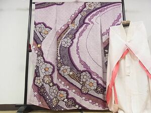 平和屋-こころ店■豪華振袖　長襦袢(袷)セット　駒刺繍　絞り　舞花文　金彩　着丈157.5cm　裄丈64cm　正絹　逸品　B-zg8118