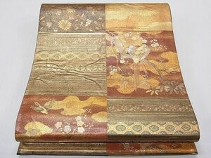 平和屋1■六通柄袋帯　螺鈿　市松花鳥文　金彩　逸品　1fb1682