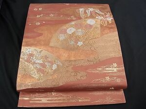 平和屋川間店■太鼓柄袋帯　地紙重ね流水花文　金銀糸　逸品　oy0368