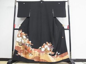 平和屋川間店■豪華黒留袖　作家物　花車文　金糸　着丈157cm　裄丈63cm　正絹　逸品　A-cs4396