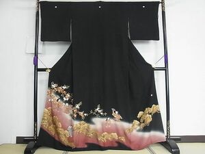 平和屋川間店■豪華黒留袖　作家物　駒刺繍　人物枝花文　暈し染め　金彩　逸品　sf0933