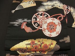 平和屋川間店■八寸名古屋帯　唐織　松竹梅　鼓吉祥草花文　黒地　金糸　逸品　n-bj0627