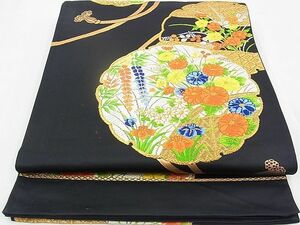 平和屋川間店■西陣　六通柄袋帯　唐織　雪輪草花文　黒地　金糸　逸品　n-yc2392