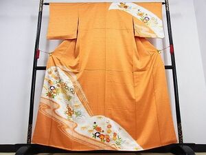 平和屋川間店■訪問着　駒刺繍　絞り　流水草花文　金糸　金彩　着丈160.5cm　裄丈61.5cm　正絹　逸品 A-ja2587