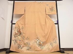 平和屋川間店■訪問着　紬地　草花文　着丈166.5cm　裄丈68cm　正絹　逸品　B-dk4244