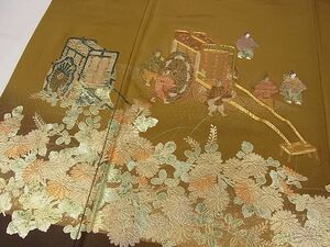 平和屋川間店■訪問着　駒刺繍　御所車人物花文　暈し染め　金銀彩　着丈161cm　裄丈64.5cm　正絹　逸品　A-ta4230