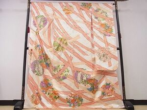 平和屋川間店■豪華振袖　駒刺繍　花丸文　金彩　ロング丈　着丈171.5cm　裄丈64.5cm　正絹　逸品　A-ja3225