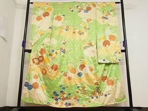 平和屋川間店■豪華振袖　駒刺繍　雲取り花文　金彩　着丈154cm　裄丈62cm　正絹　逸品　B-ag2896