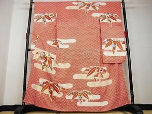 平和屋川間店■豪華振袖　駒刺繍　青海波エ霞竹文　金彩　着丈160.5cm　裄丈64cm　正絹　逸品　A-ja3585