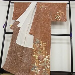 平和屋川間店■訪問着 枝葉文 たたき染め 金彩 着丈163.5cm 裄丈64cm 正絹 逸品 B-sa4503の画像2