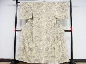 平和屋川間店■上質な小紋　風景草花文　御召縮緬　着丈159cm　裄丈62.5cm　正絹　逸品　B-np8965