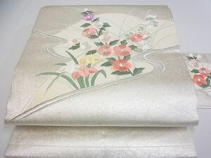 平和屋川間店■九寸名古屋帯　刺繍　流水草花文　銀糸　逸品　rt2595