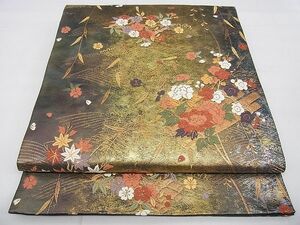 平和屋野田店■六通柄袋帯　唐織　枝垂れ柳花筏文　金糸　逸品　n-qw0749