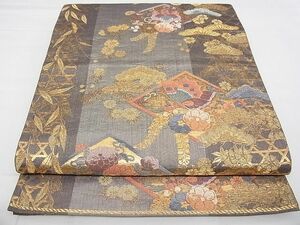 平和屋野田店■六通柄袋帯　唐織　菱花蝶文　金糸　逸品　n-qw0698