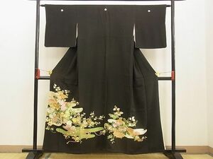 平和屋野田店■豪華黒留袖　刺繍　エ霞花車文　金銀彩　逸品　n-xi0859