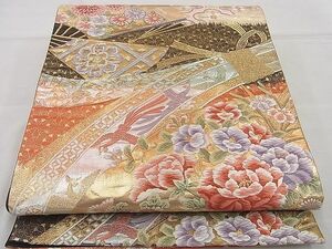 平和屋野田店■六通柄袋帯　唐織　鳳凰扇面花文　金銀糸　逸品　n-kg5371