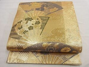 平和屋野田店■佐賀錦　六通柄袋帯　扇面エ霞花文　金糸　逸品　n-te1069