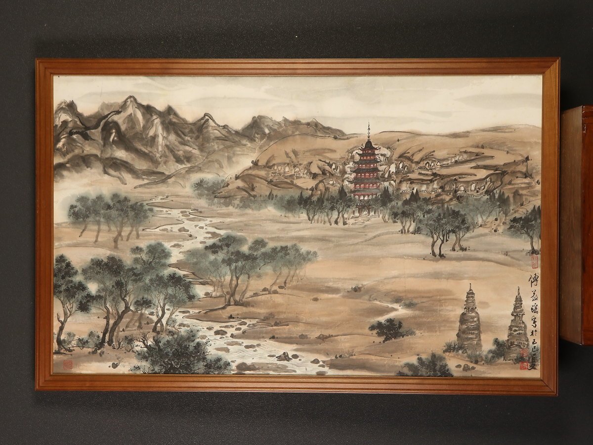 [Authentisches Werk] [Traditionell_2] dr2047(Fu Yiyao)Gerahmte Ansicht einer antiken Pagode, Meister von Higashiyama Kaii, Die drei Frauen von Fuhoushi, chinesische Malerei, Malerei, Japanische Malerei, Landschaft, Fugetsu