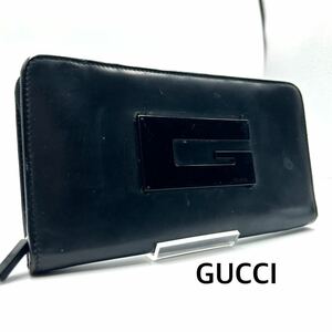 『希少モデル』 GUCCI グッチ 長財布 ロングウォレット ラウンドファスナー ブランドロゴ ブラック 黒 レザー メンズ 