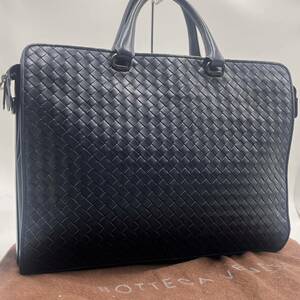 美品 BOTTEGA VENETA ボッテガヴェネタ イントレチャート ビジネスバッグ ショルダー ブリーフケース 三室 大容量 通勤 2way ネイビー 