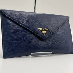 美品 PRADA プラダ 長財布 サイフ レター型 二つ折り ペーパーウォレット サフィアーノレザー ネイビー メンズ　レディース