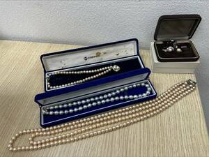 #5314A 【SILVER金具有】真珠 パール　ネックレス ピアス 計4点おまとめセット　4本　ラウンド　ブラック系　黒　シルバー　2連