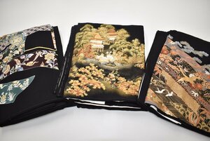 『つむぎや』美品 正絹縮緬 黒留袖 江戸褄 加賀友禅風 金彩加工 金駒刺しゅう 日本庭園 作家物 躾 まとめて3枚 リメイク素材 同梱不可 M110