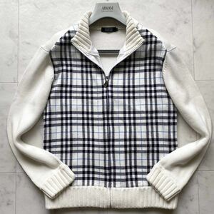 バーバリーブラックレーベル BURBERRY BLACK LABEL ニット ジャケット ブルゾン ジップアップ チェック柄 サイズ2 M ホワイト 白 メンズ