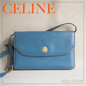 希少定価8万★ オールドセリーヌ CELINE ブラゾン プッシュロック 2way ショルダーバッグ クラッチバッグ ボックスカーフ レザー水色ブルー