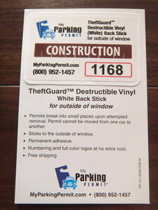 新品U.S.駐車許可書【Destructible Vinyl】サンプル工事関係者用Parking Permit ステッカー＠外張タイプ限定出品◆