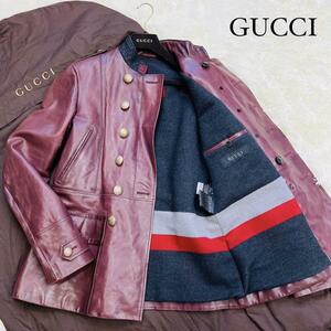 定価92万/超激レア/希少L/グッチ◎GUCCI レザーナポレオンコート ヴィンテージ ボルドー ワインレッド シェリーライン インターロッキング