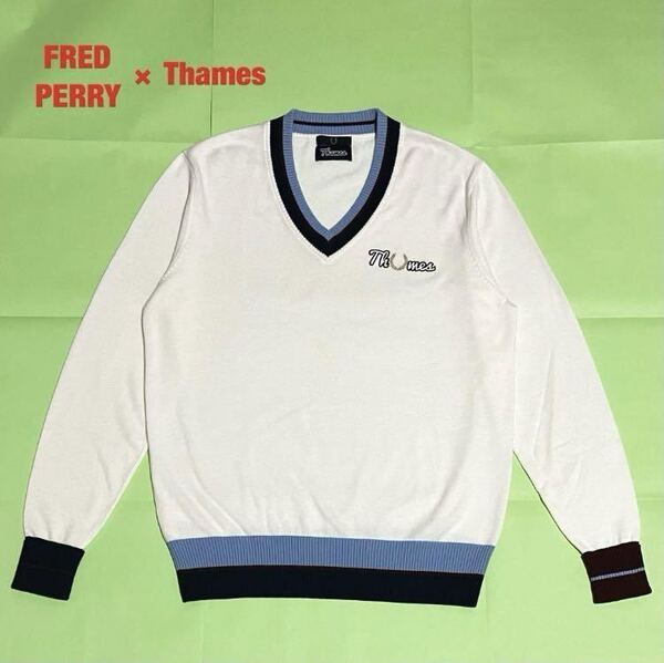 【希少】FRED PERRY×Thames チルデンニット 月桂樹ロゴ マルチカラー 刺繍 コラボ フレッドペリー テムズ ロールアップ SK3123